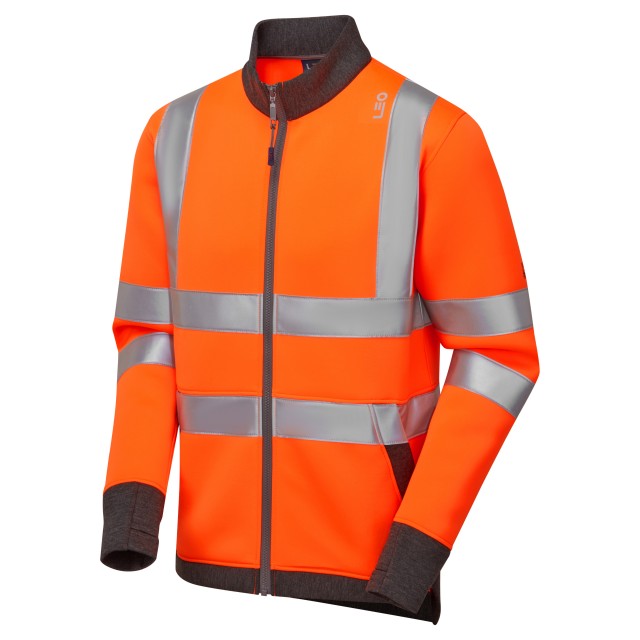 Leo Workwear high visibility orange softshell jacket with reflective tape for safety and comfort