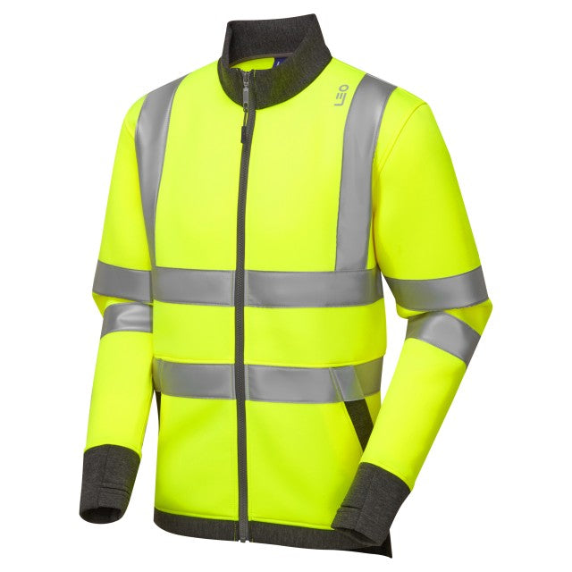 Leo Workwear hi-vis yellow softshell jacket left side view with reflective safety strips