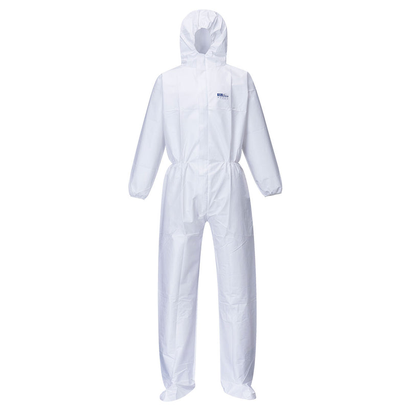 white Portwest Biztex microporous coverall with integrated boot covers.