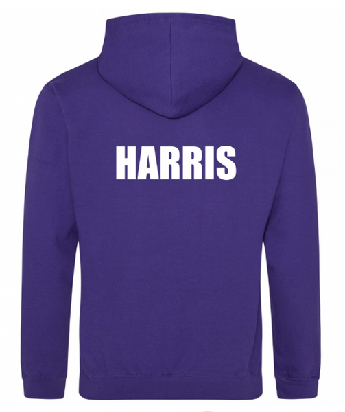 A composition focused on the school crest on the purple Armadale PS kids' hoodie.