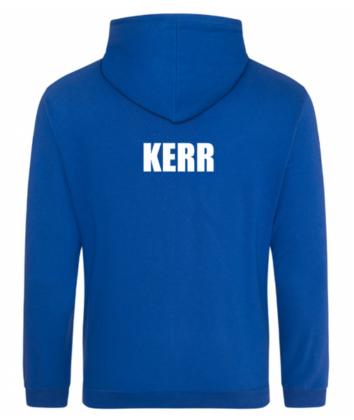 The embroidered crest of Armadale PS shown on a royal blue kids' hoodie.