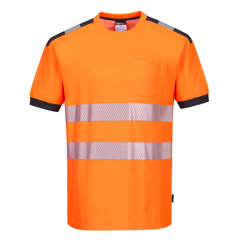 orange and grey Portwest PW3 hi-vis short-sleeve t-shirt.