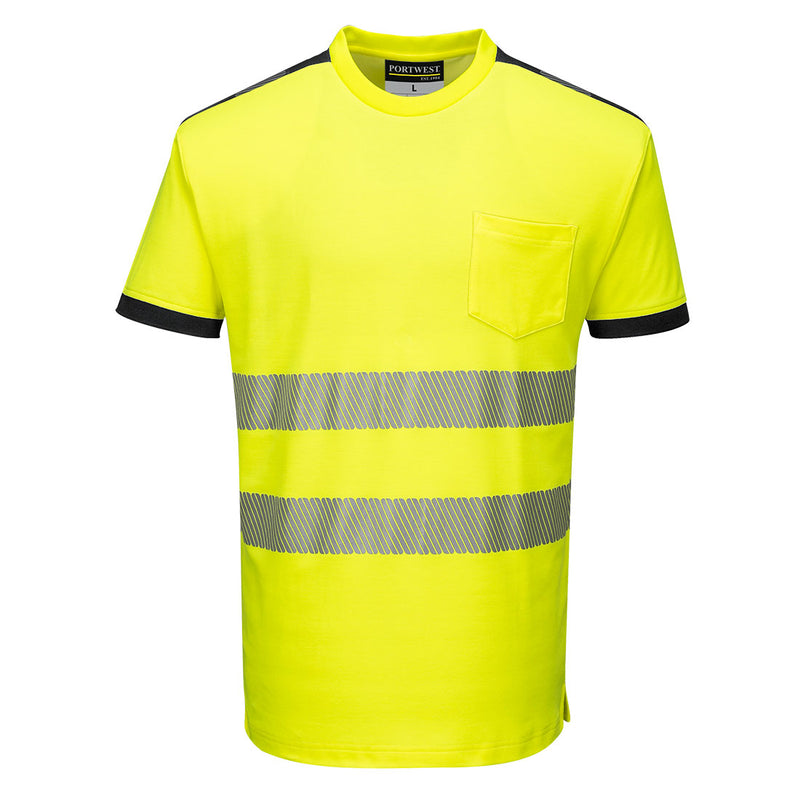 yellow and black Portwest PW3 hi-vis short-sleeve t-shirt.