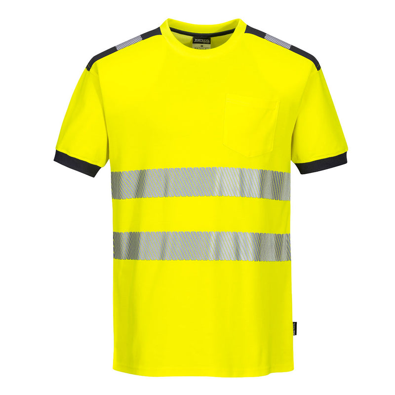yellow and grey Portwest PW3 hi-vis short-sleeve t-shirt.