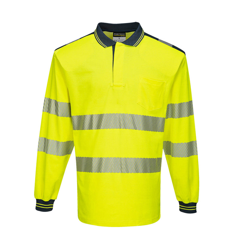 yellow and navy Portwest PW3 hi-vis long-sleeve polo shirt.
