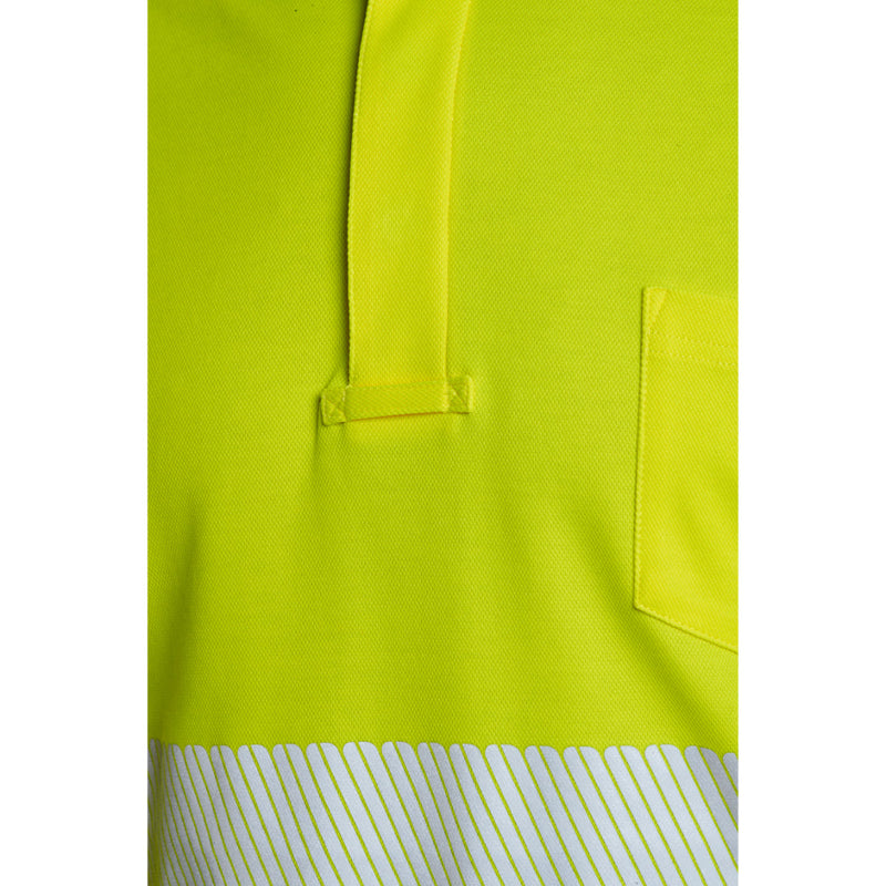 Man showing the segmented reflective tape on the hi-vis polo shirt.