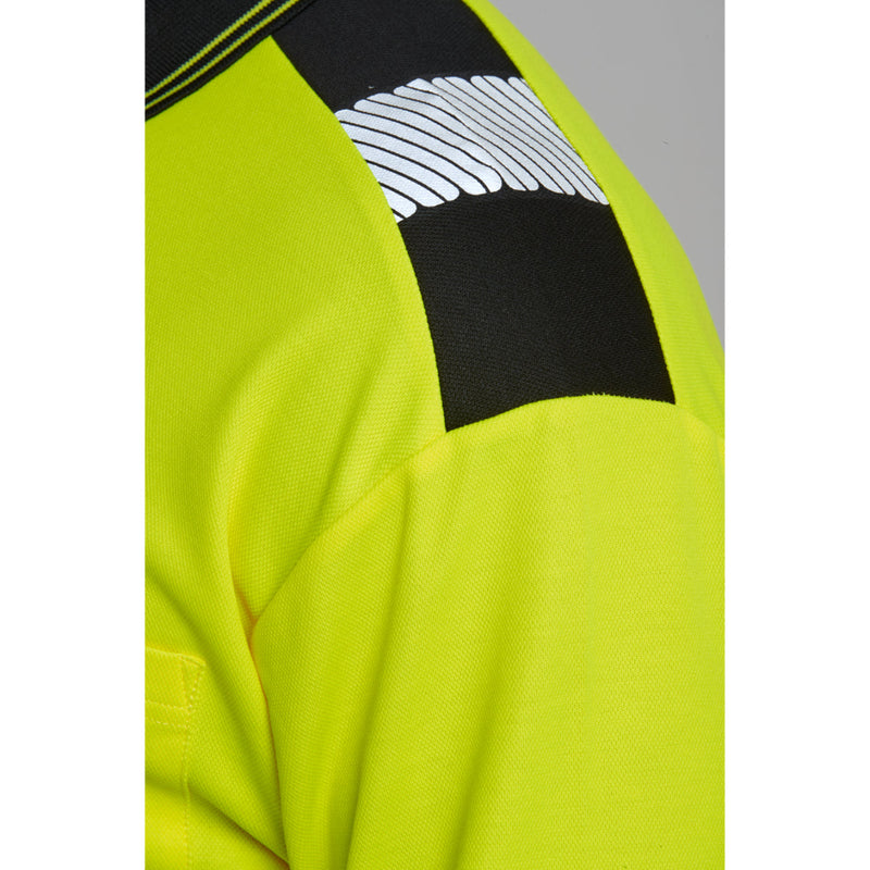 Close-up of Portwest high-visibility yellow work shirt with reflective detail on shoulder