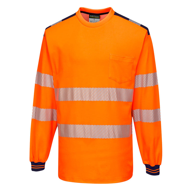orange and navy Portwest PW3 hi-vis long-sleeve cotton t-shirt.