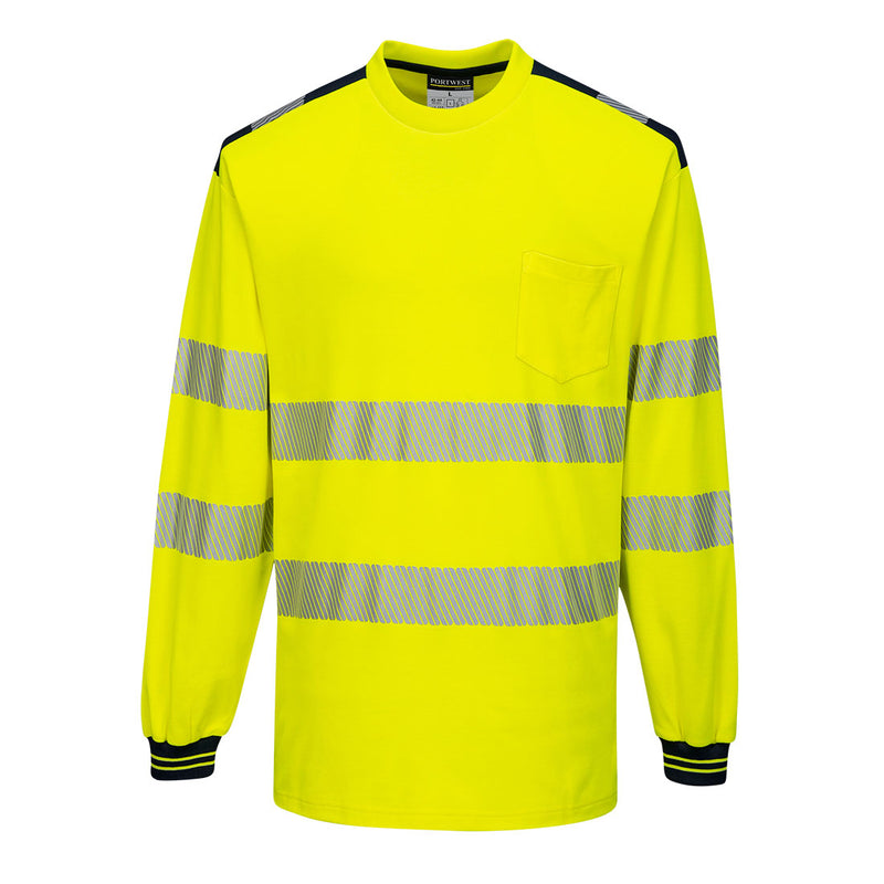 yellow and black Portwest PW3 hi-vis long-sleeve cotton t-shirt.