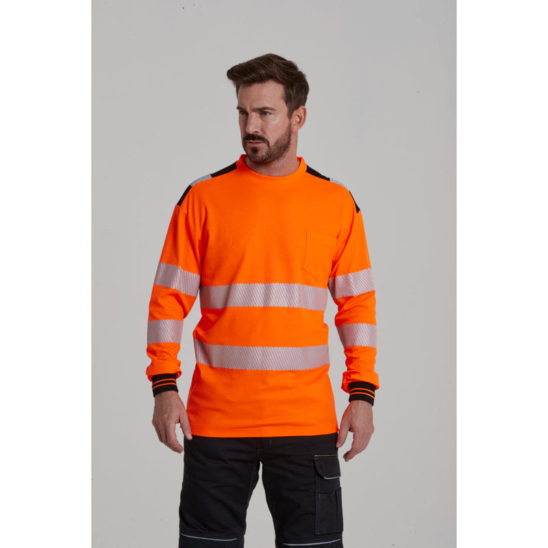 showing the reflective tape pattern on the hi-vis long-sleeve t-shirt.