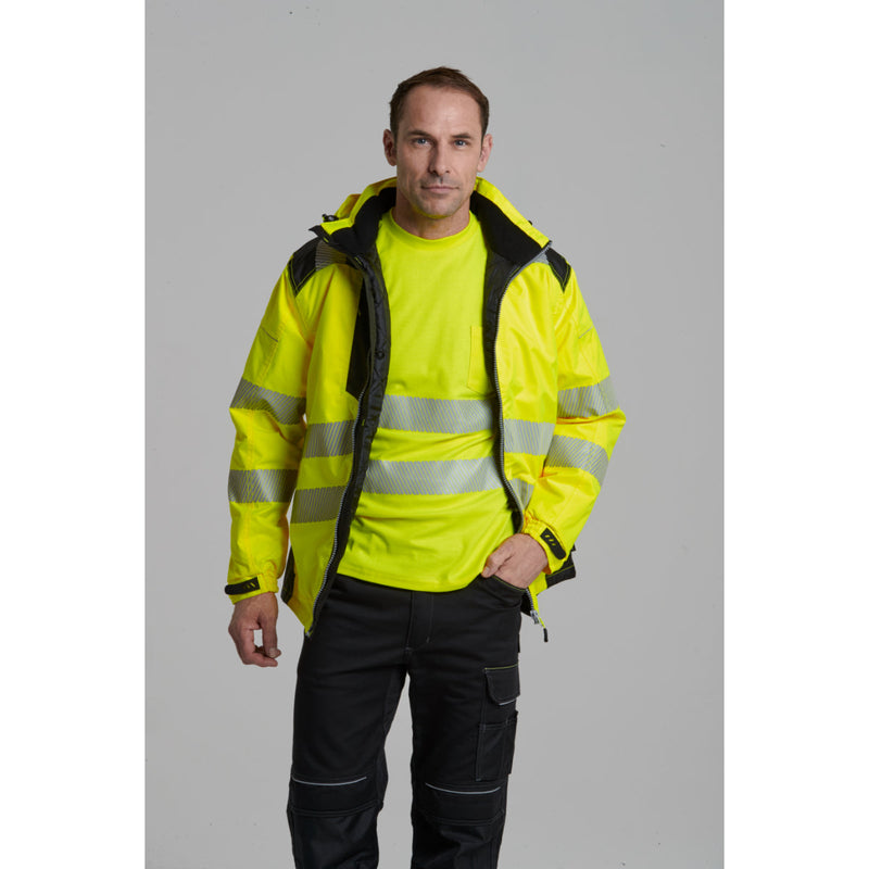 man layered in a hi-vis winter jacket and t-shirt.