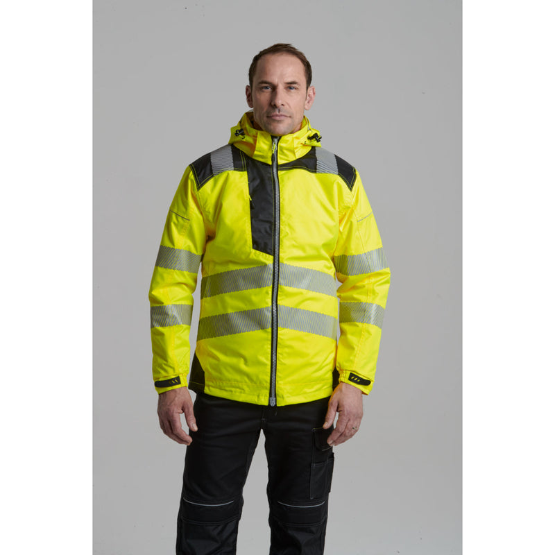 Close-up showing the sleeve and segmented reflective tape of the hi-vis t-shirt.