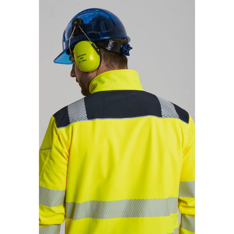 Chest and shoulder details of the Portwest Hi-Vis Softshell.