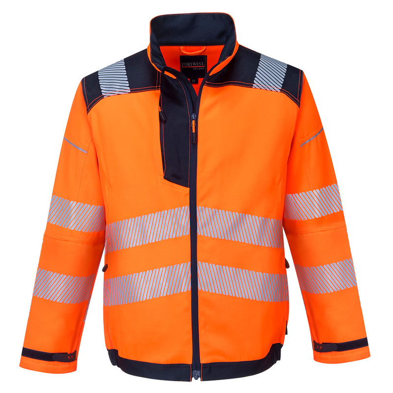orange and navy Portwest PW3 hi-vis work jacket.