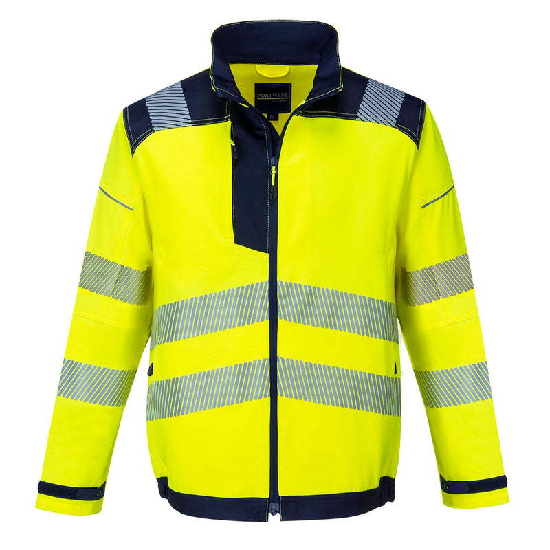 yellow and navy Portwest PW3 hi-vis work jacket.