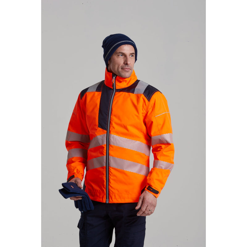 hi-vis jacket, highlighting the reflective tape and space for a logo.