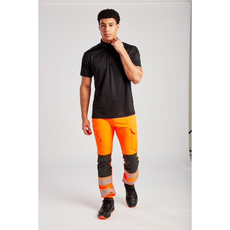 Black safety trainer with mesh upper, side view, and reinforced toe