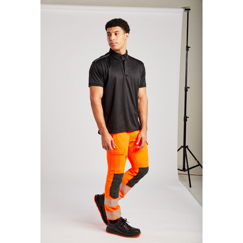 Black safety trainer with mesh upper, angled side view