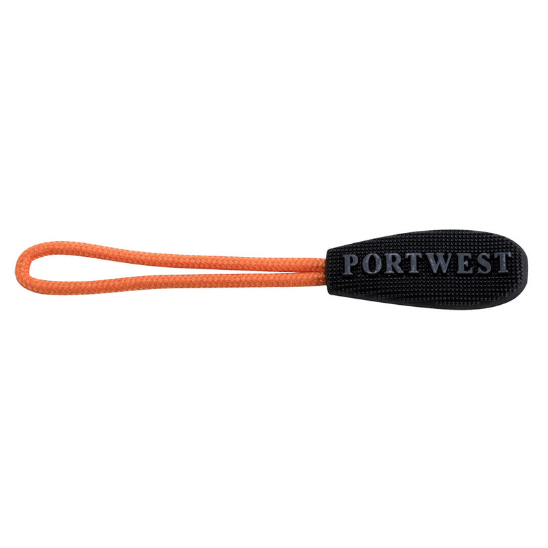 Orange Portwest T900 replaceable zip pullers.