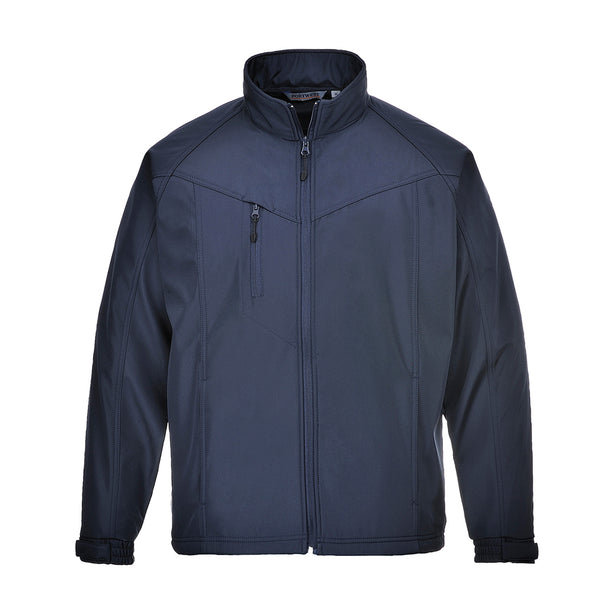 Navy softshell work jacket with full-length front zipper and zip chest pocket