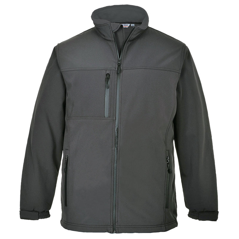 Grey-red Portwest TK50 3L breathable softshell jacket with micro-polar fleece lining and adjustable hook-and-loop cuffs