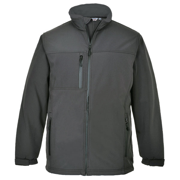 Grey-red Portwest TK50 3L breathable softshell jacket with micro-polar fleece lining and adjustable hook-and-loop cuffs