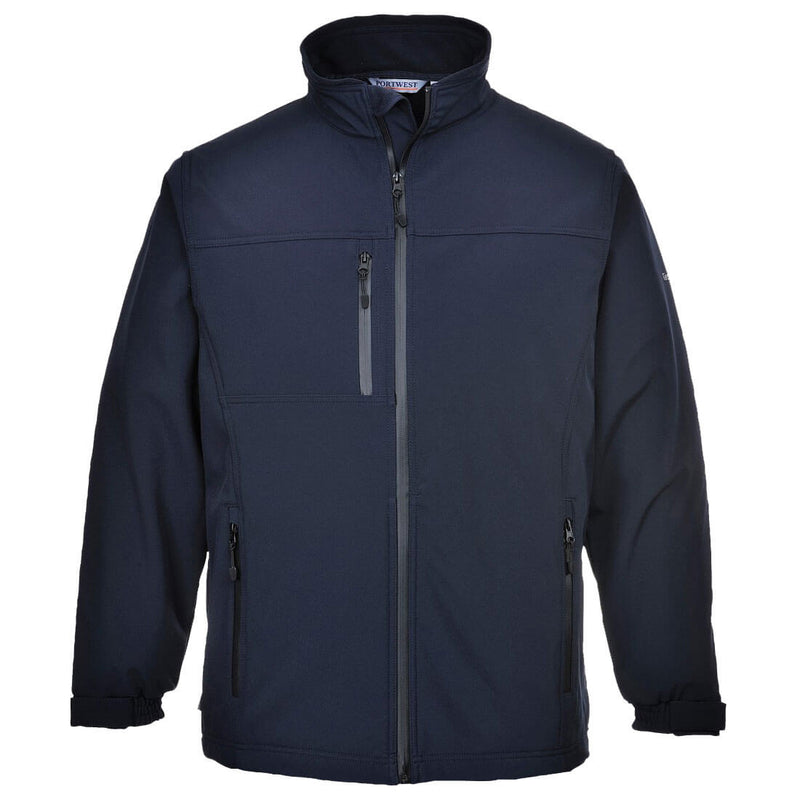 Navy Portwest TK50 3L breathable softshell jacket with micro-polar fleece lining, waterproof zips and phone pocket