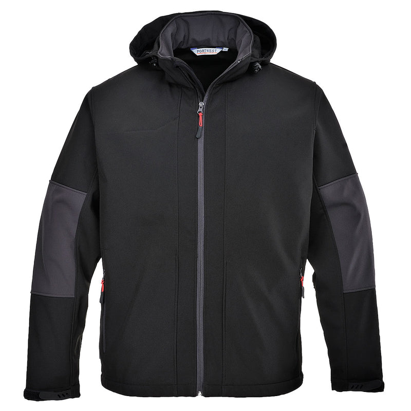 Portwest TK53 3L softshell hooded jacket in black with subtle contrast panels