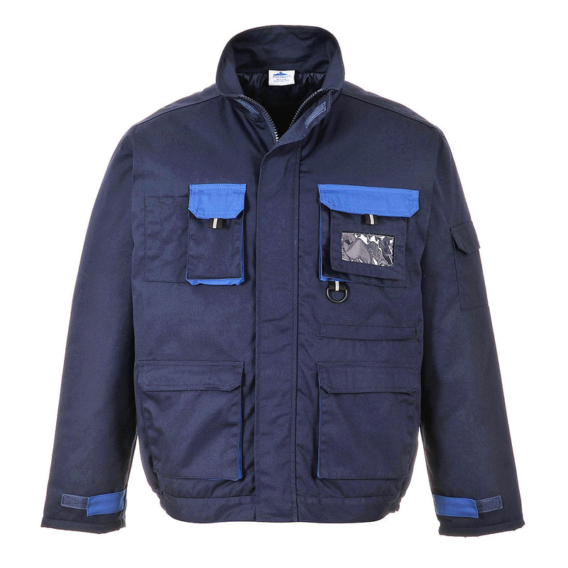 Portwest TX18 Texo Contrast Jacket (Lined) in navy with orange contrast panels, fully insulated lining, and hook-and-loop cuff adjustments portwest
