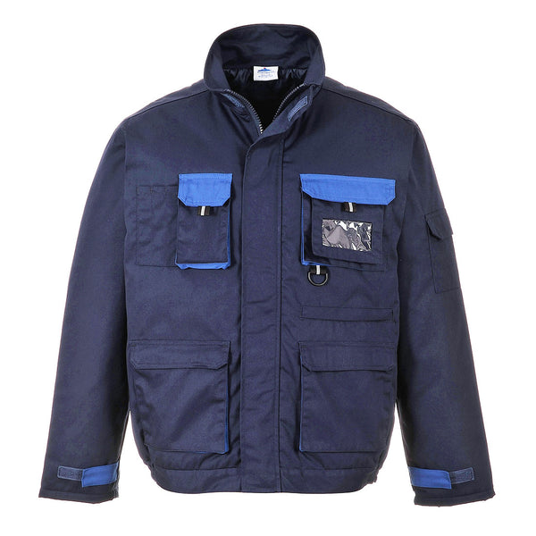 Portwest TX18 Texo Contrast Jacket (Lined) in navy with orange contrast panels, fully insulated lining, and hook-and-loop cuff adjustments portwest