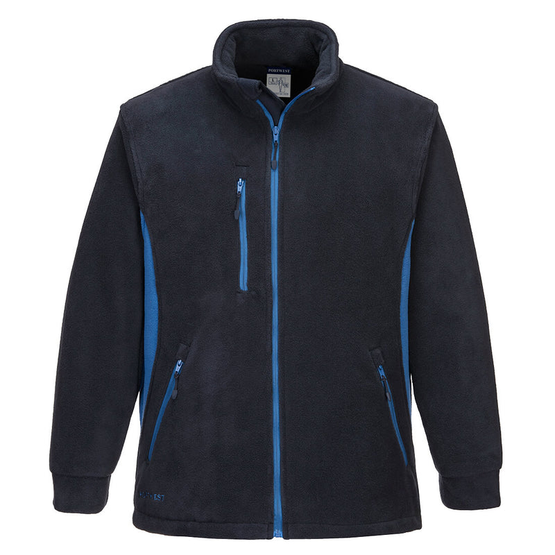 Heavy two-tone polar fleece jacket in navy and red with anti-pill finish and zip pockets