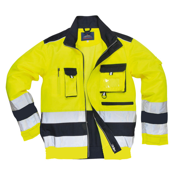 Hi-vis yellow and navy contrast bomber jacket with secure front pocket, back cap holder and reflective accents