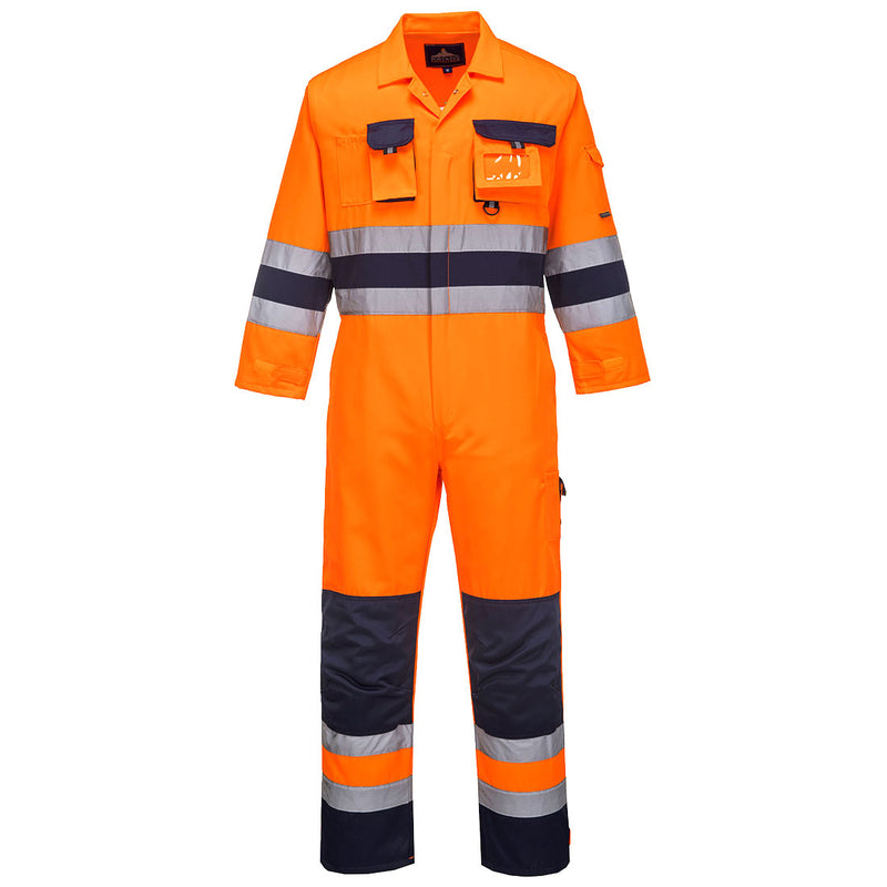 Navy Portwest flame-resistant coverall with reflective stripes