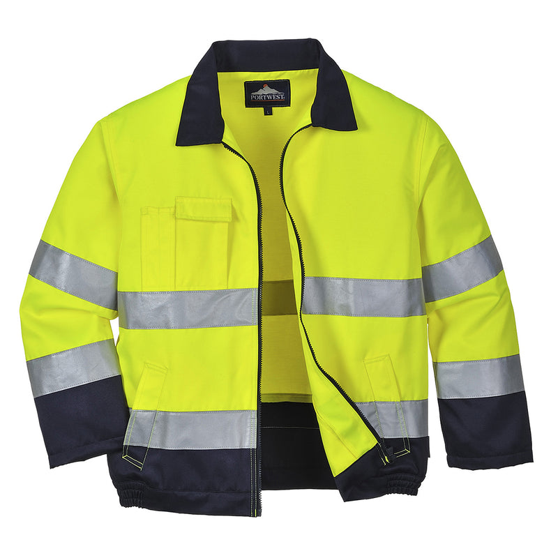 High-visibility yellow and navy breathable work coverall, front view