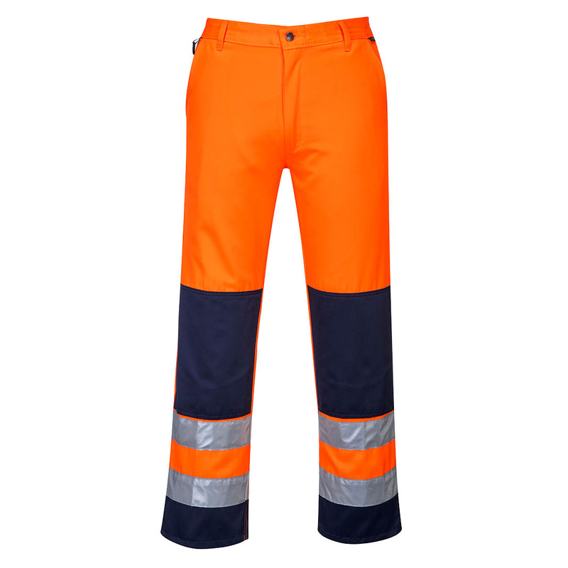 Portwest Seville hi-vis orange and navy work trousers, regular leg