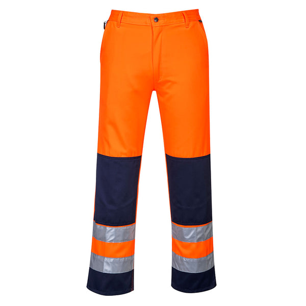Portwest Seville hi-vis orange and navy work trousers, regular leg