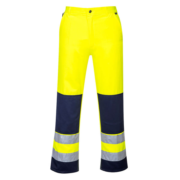 Portwest Seville hi-vis yellow and navy work trousers, regular leg