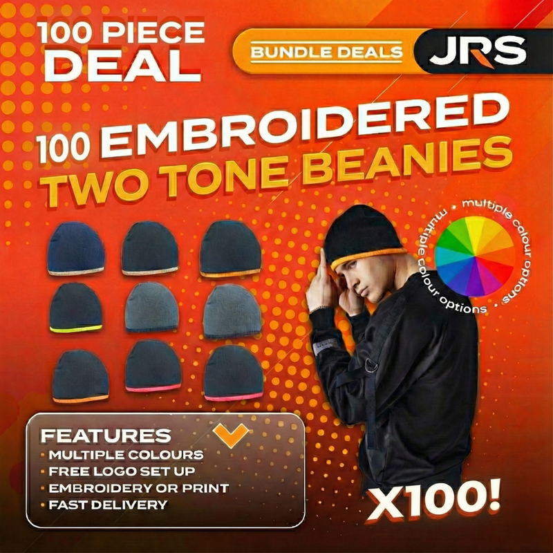 100x Two-Tone Embroidered Beanie Hats with Company Logo