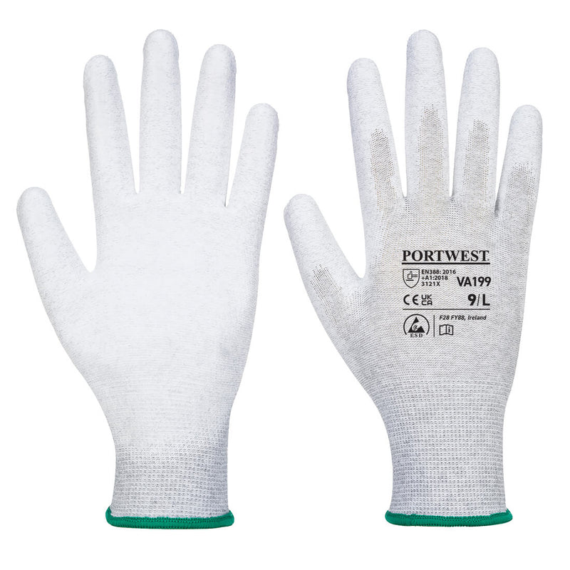 White Portwest ESD-safe inspection gloves with green cuff trim, front and back views