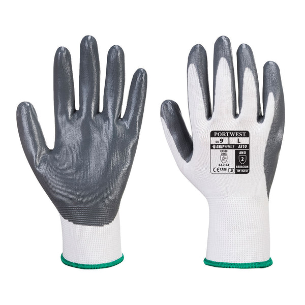 White gloves with grey nitrile-coated palm and fingertips, Portwest Grip model A310, front-and-back