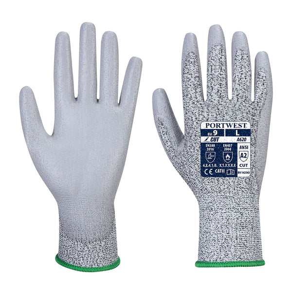 Light-grey A620 cut-resistant gloves with smooth PU palm and speckled HPPE liner, front and back