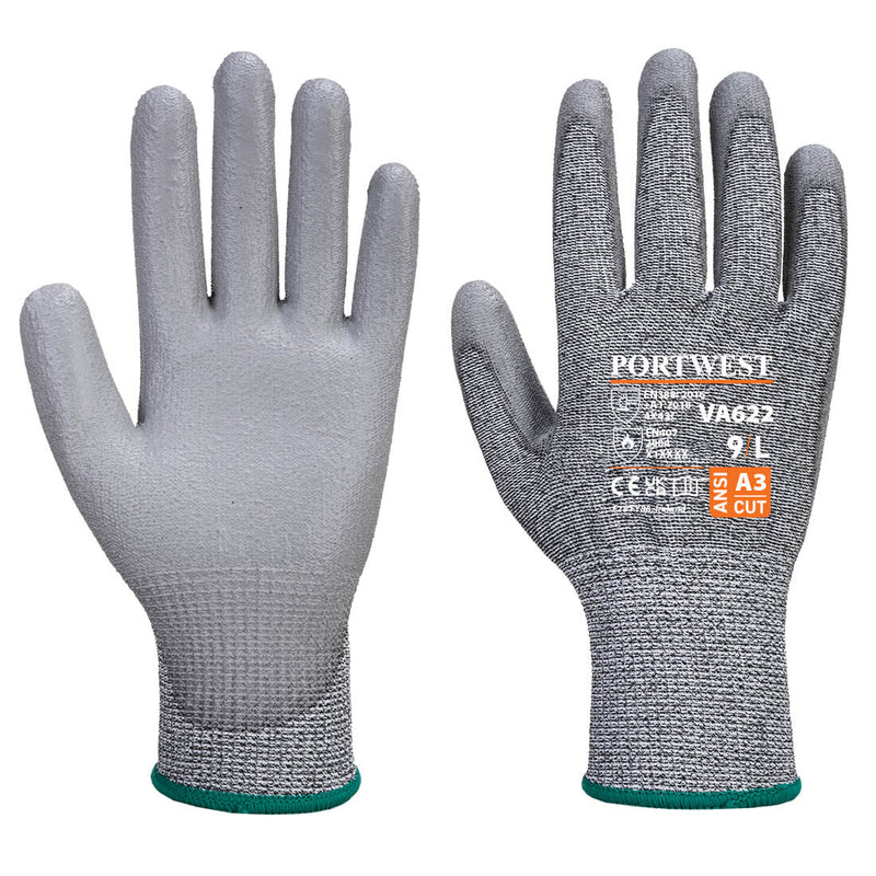 Grey ANSI A3 cut-level gloves VA622 with textured PU palm and speckled knit liner, shown front/back