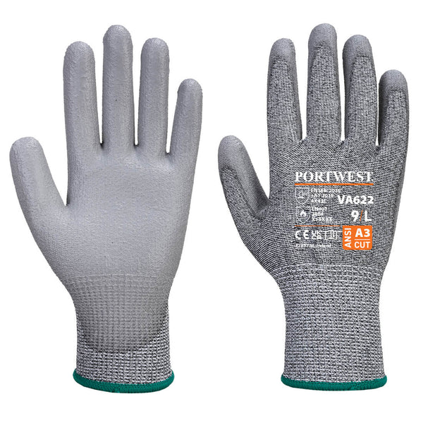 Grey ANSI A3 cut-level gloves VA622 with textured PU palm and speckled knit liner, shown front/back