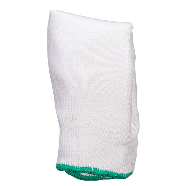 Folded white knit glove sleeve finished with a green overlocked cuff edge