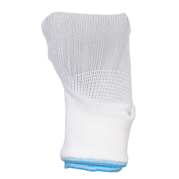 Folded white breathable mesh glove sleeve with light-blue cuff edging