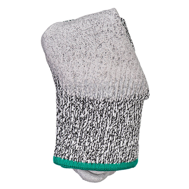 Folded grey speckled knit glove with green overlocked cuff edge