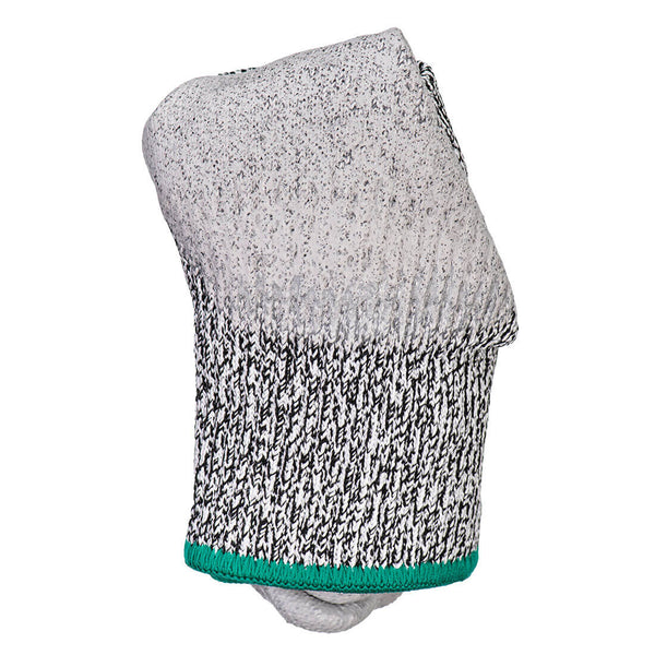 Folded grey speckled knit glove with green overlocked cuff edge