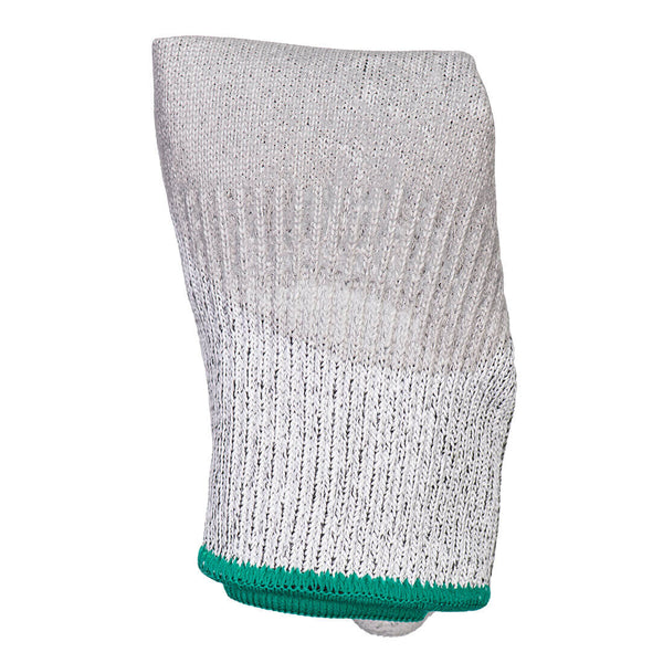 Folded grey rib-knit glove sleeve featuring a green cuff seam and speckled pattern