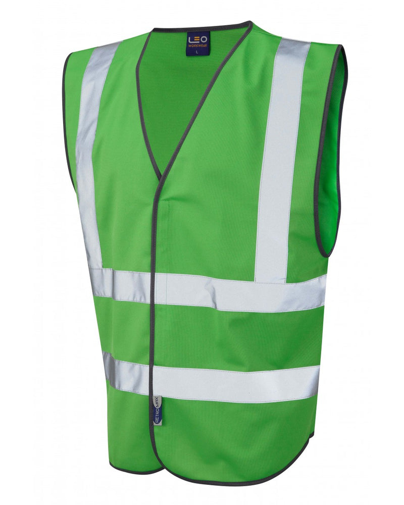 Emerald green Leo Workwear Pilton coloured reflective waistcoat. Brightly coloured for maximum visibility and safety.