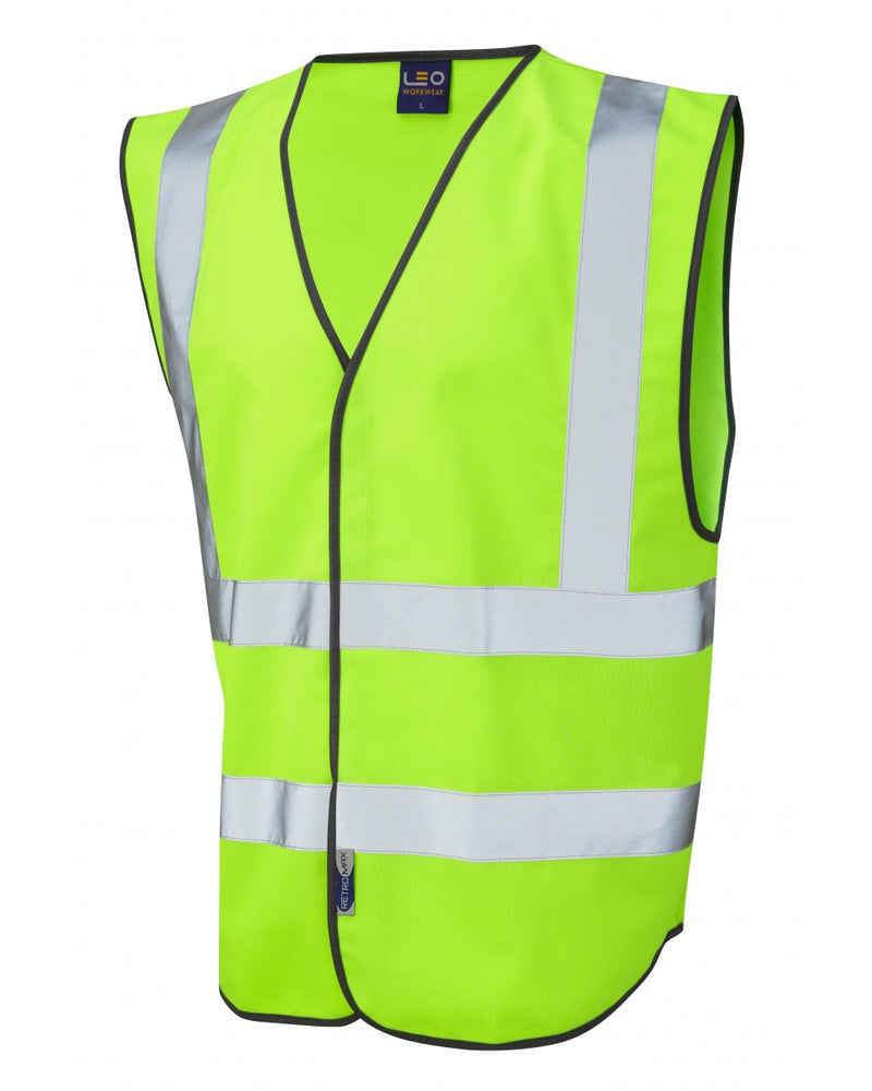 Vibrant lime Leo Workwear Pilton coloured reflective waistcoat. Perfect for ensuring high visibility in any light condition.